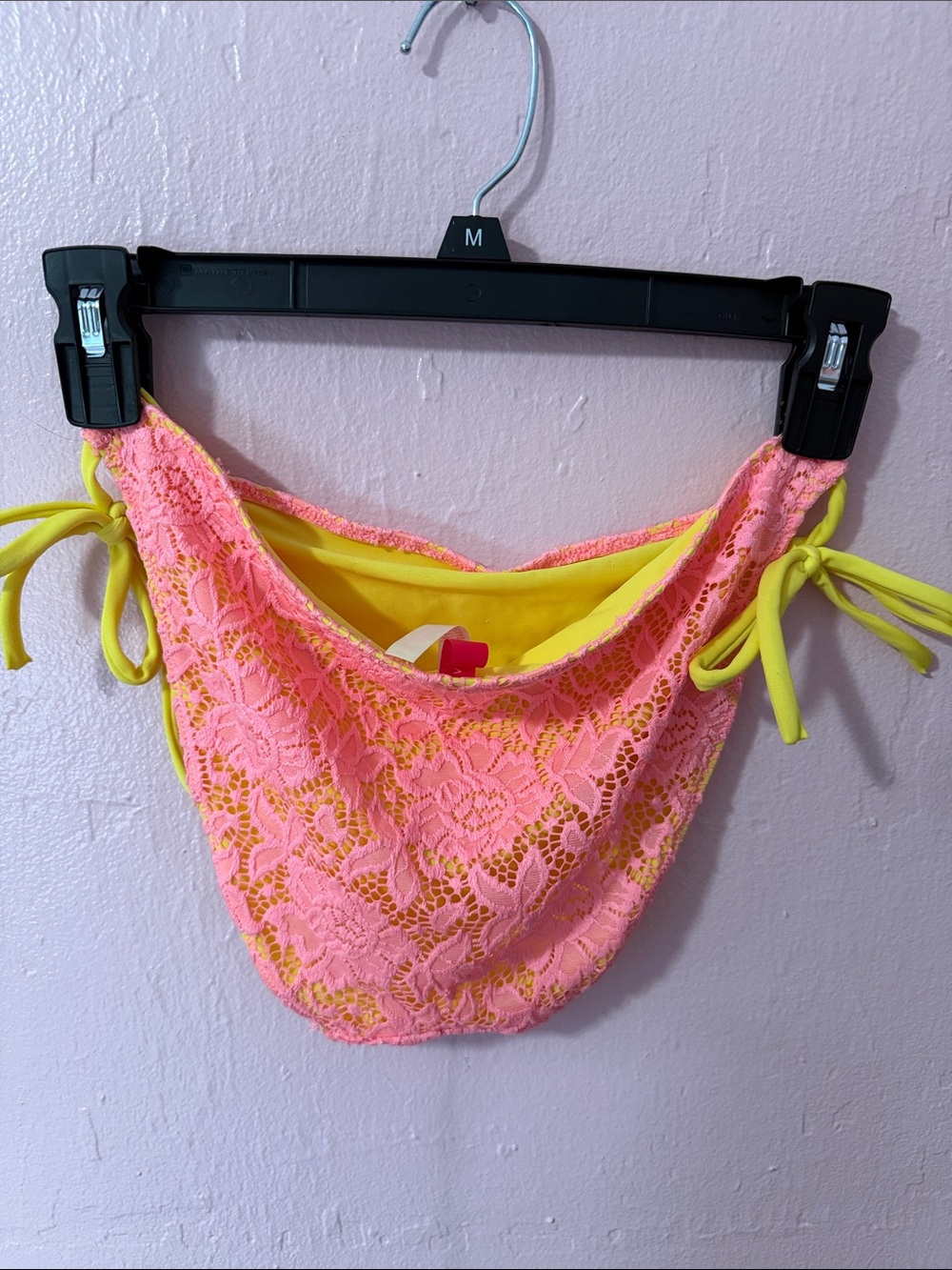 Y2K Victoria's Secret Neon Pink Lace & Bright Yellow Tie-Side Bikini Bottoms - Picture 5 of 6
